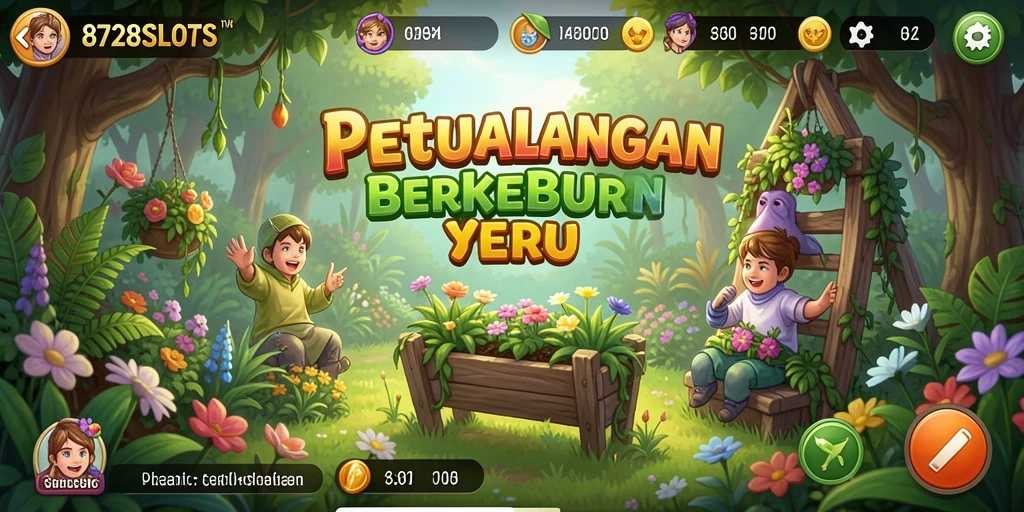Screenshot utama 8728SLOTS menampilkan kebun yang subur dan berwarna-warni.