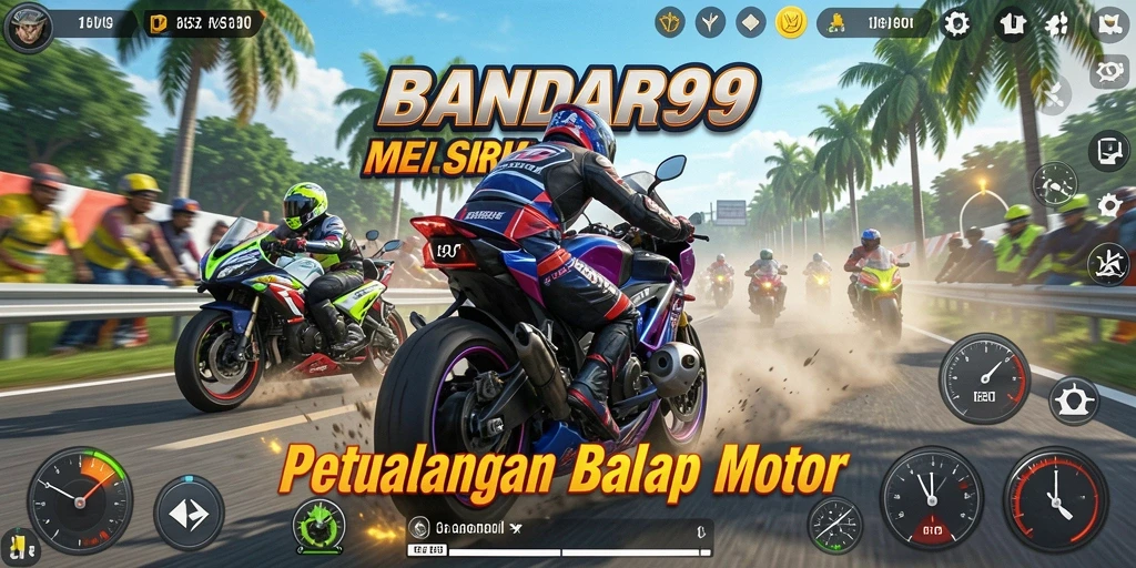 Tampilan gameplay seru dalam BANDAR99 balapan motor.