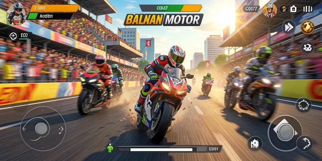 Screenshot gameplay C0077 dengan aksi balapan motor yang intens.