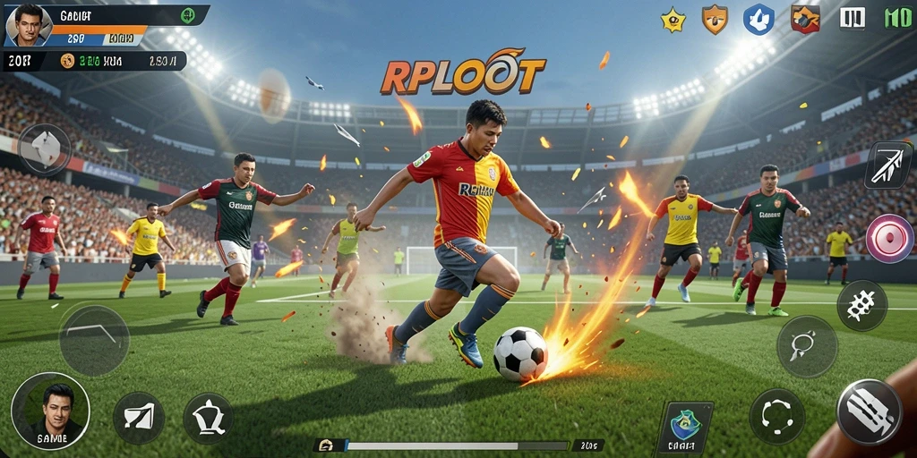 Tampilan gameplay intens dalam pertandingan sepak bola.