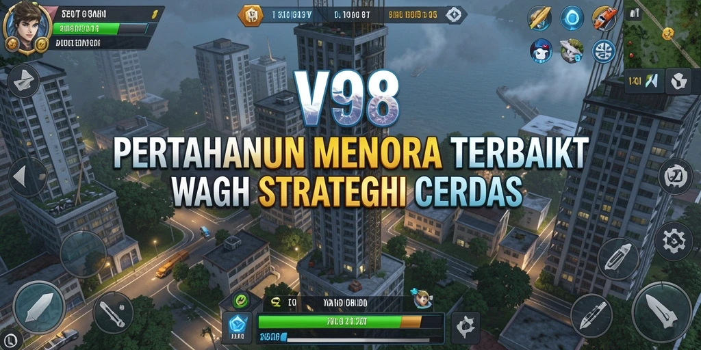 Tampilan gameplay menegangkan di V98 menunjukkan strategi Tower Defense.